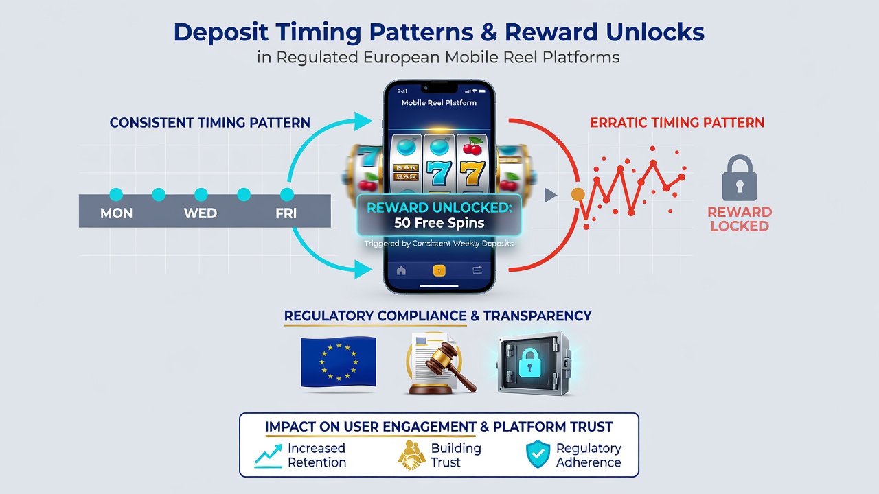 Mobile App-Oberfläche mit Einzahlungs- und Belohnungsübersicht in einem regulierten europäischen Reel-System